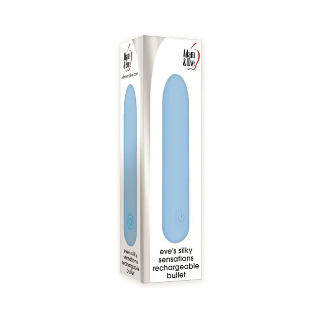 Adam & Eve Silky Sensations blue rechargeable bullet pictured inside white retail box