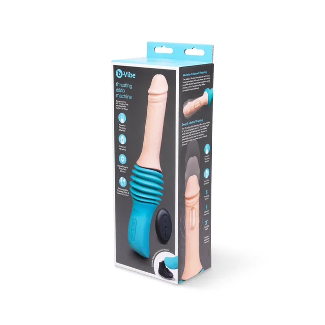 b-Vibe Thrusting Dildo Machine in tall black-and-teal retail box