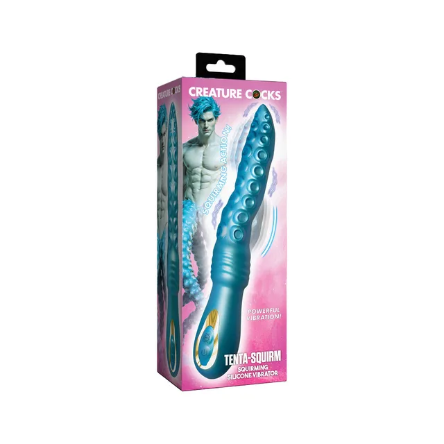 XR Brands Creature Cocks Tenta-Squirm teal vibrator retail box with curved tentacle vibrator pictured