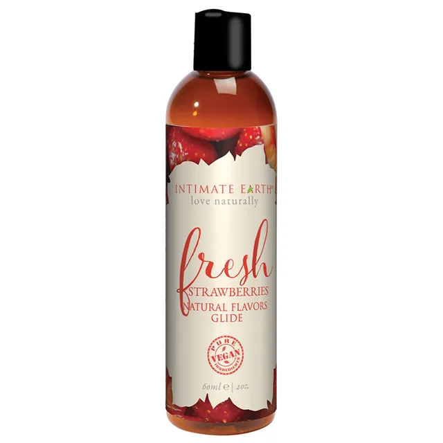 Intimate Earth Fresh Strawberries 2-ounce liquid upright bottle with black cap and strawberry artwork label