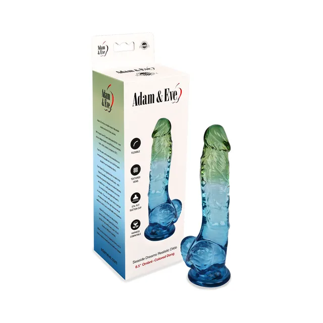 Adam and Eve Seaside Dreams 8.5-inch dildo beside retail box