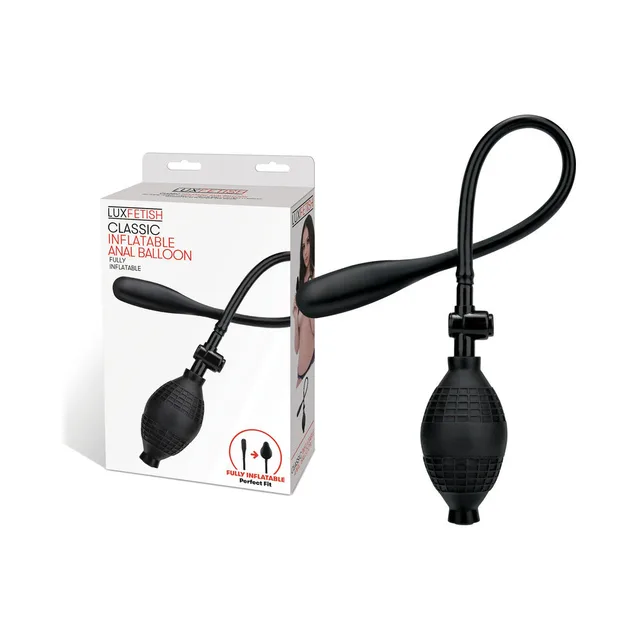 Lux Fetish black inflatable anal balloon beside retail box