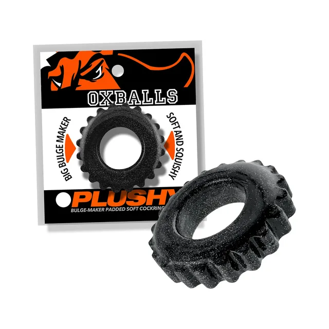 Black Mica Oxballs Plushy ridged ring beside retail package