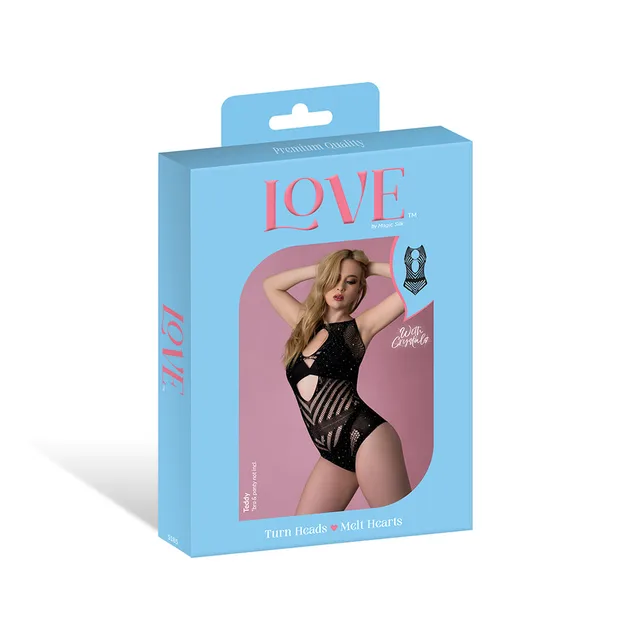 Magic Silk seamless black cutout teddy displayed in blue retail packaging