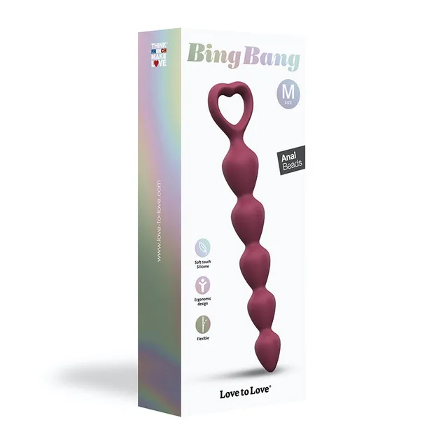 Prune medium Bing Bang seven-bead strand beside tall retail box