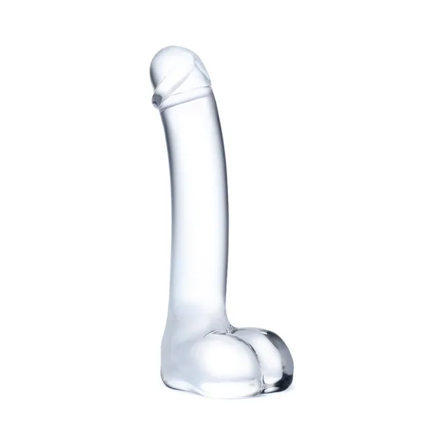 Upright clear Glas dildo with curved shaft and flared base