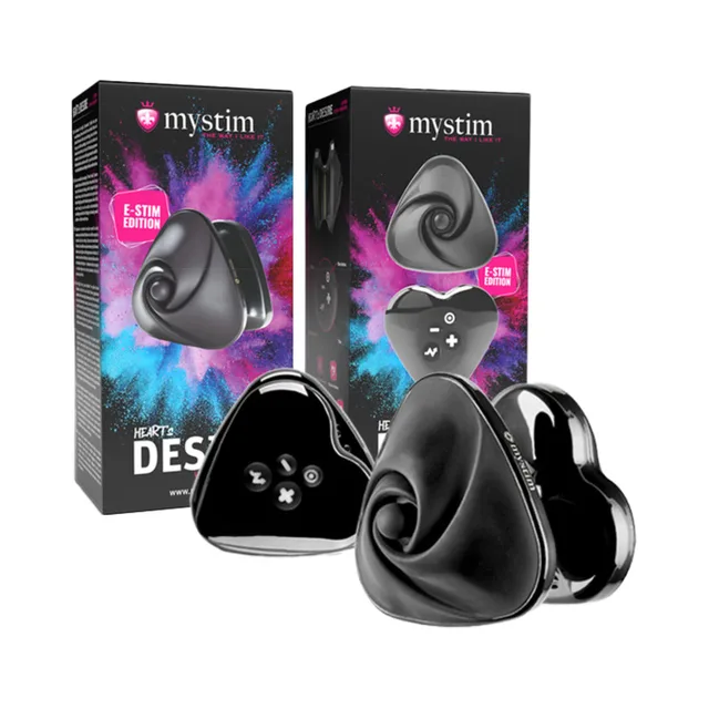 Mystim Heart's Desire black lay-on vibrator with controller and matching black retail boxes