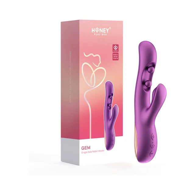 Purple Honey Play Box Gem twin-ball rabbit vibrator beside pink box