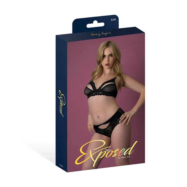 Magic Silk Rush black bra and panty set L/XL displayed in purple retail packaging