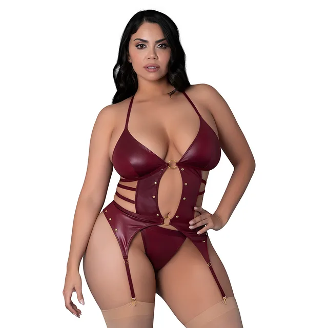 Lust Fetish Kira queen-size burgundy open-front basque and thong set front view