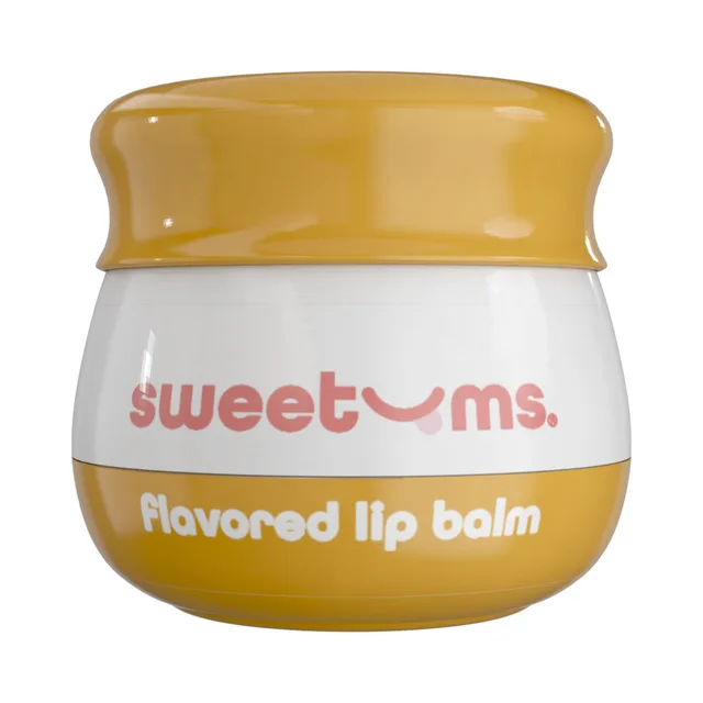 Front view of rounded Sweetums Mango Lip Balm jar with golden lid
