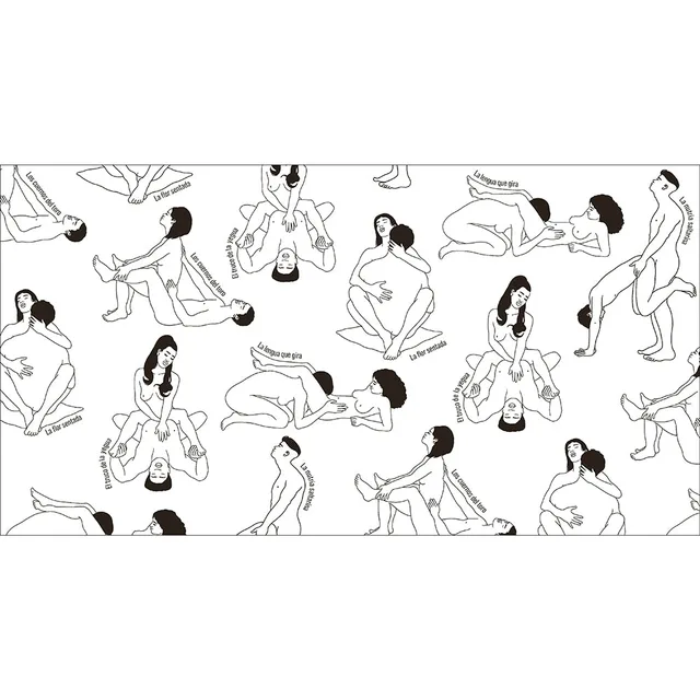 Kama Sutra Libro para colorear Spanish coloring book black-and-white overview spread with multiple illustrated figures