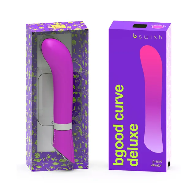 violet B Swish Bgood Deluxe Curve vibrator beside its purple window box