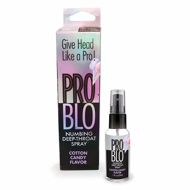 Pro Blo Cotton Candy 1 oz pump spray bottle beside pink and white carton