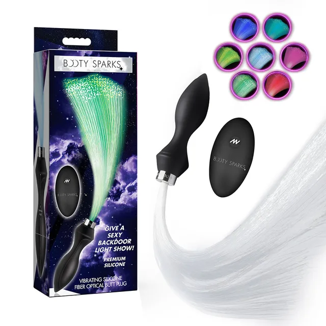 Booty Sparks black butt plug with clear optical-fiber tail and retail box