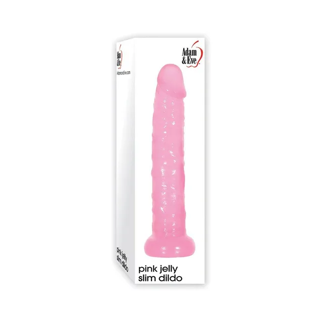 Adam & Eve Pink Jelly Slim dildo light-pink design beside white retail box
