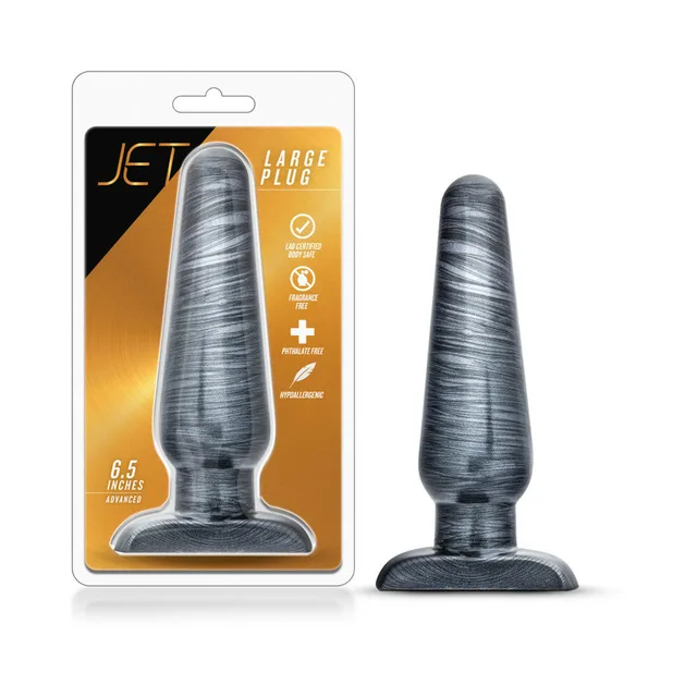 Blush Jet Large Carbon Metallic Black Plug beside gold black retail package