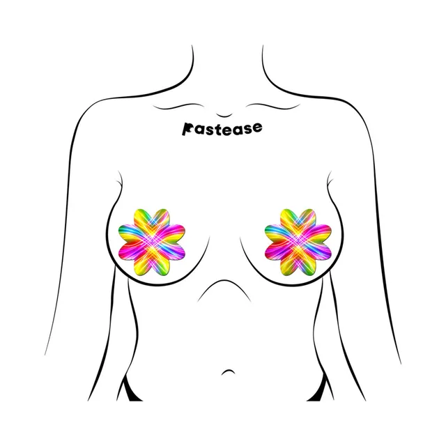 Pastease electric rainbow fractal laser petal breast pasties front placement illustration on a torso outline