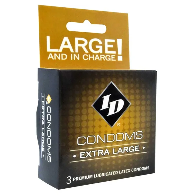 ID Extra Large Condoms black and gold three-count retail box front