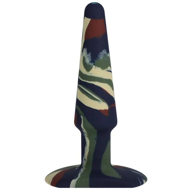 Front view of olive navy tan and rust camouflage plug