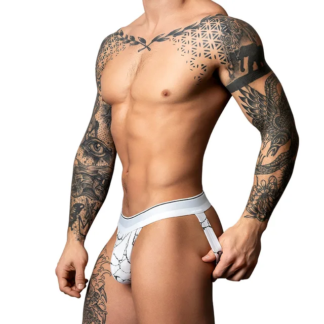 Male Power Soo Cumfy L/XL black and white jock side view worn by model