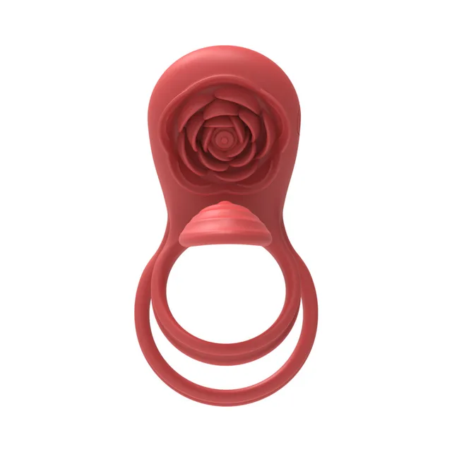Front view of red rose face above two connected silicone loops