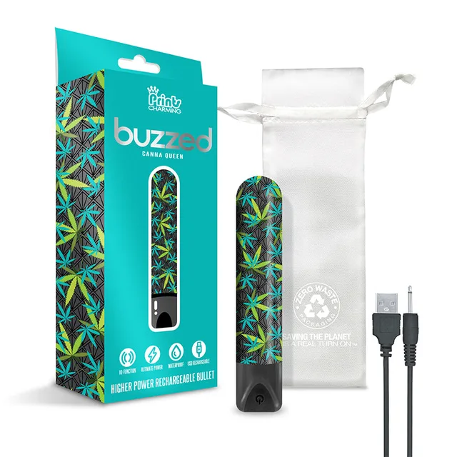 Buzzed Canna Queen bullet with teal box, pouch and charging cable