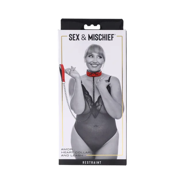 Sportsheets Amor collar and leash box with model wearing red heart collar