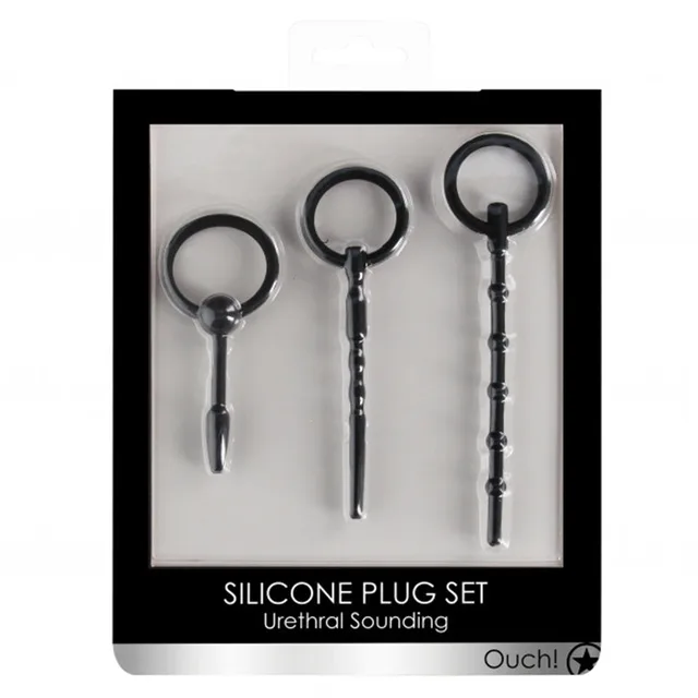 Shots Ouch black silicone three-piece sounding plug set in display box