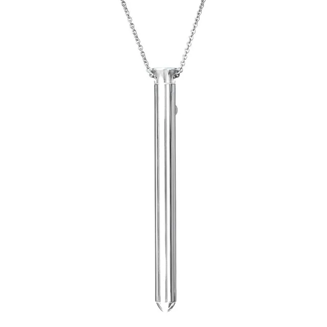 silver Crave Vesper cylindrical pendant hanging from its matching chain