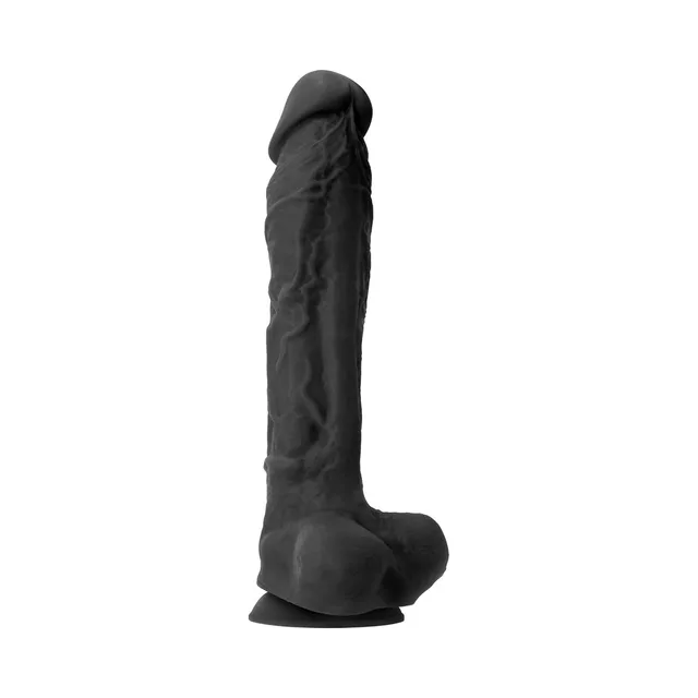 Black silicone dildo with 10-inch shaft and molded testicle base