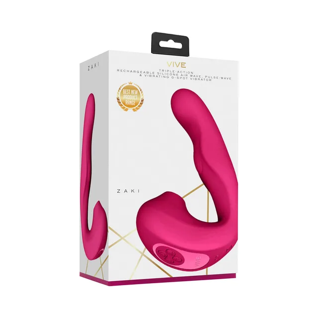 Pink VIVE ZAKI three-motor vibrator displayed beside white retail box