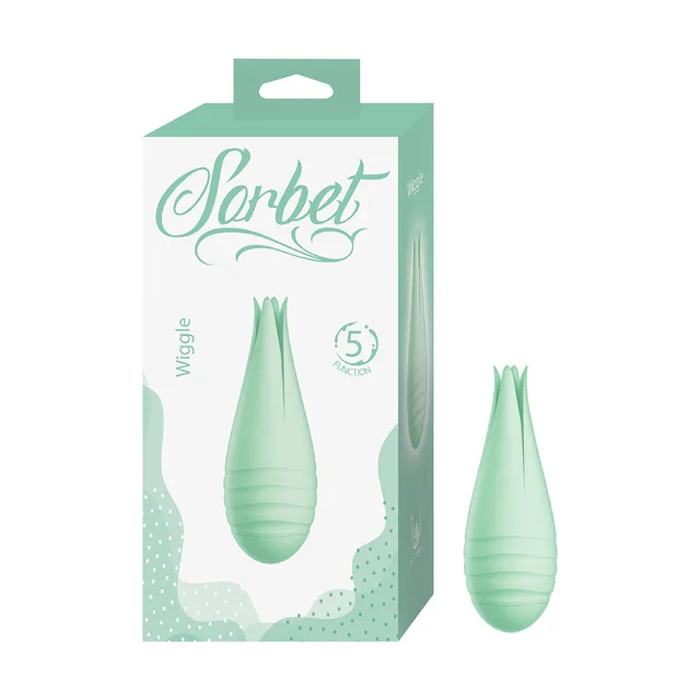 Mint-green Nasstoys Sorbet Wiggle split-tip vibrator beside retail box