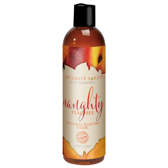 Intimate Earth Naughty Peach 4-ounce liquid upright tall bottle with black cap and peach artwork label