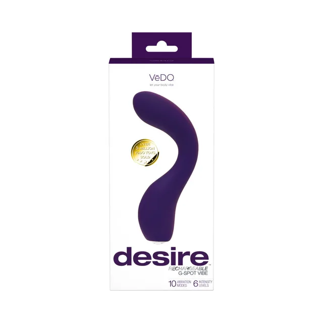 purple S-curved VeDO Desire vibrator visible through a tall white and purple retail box