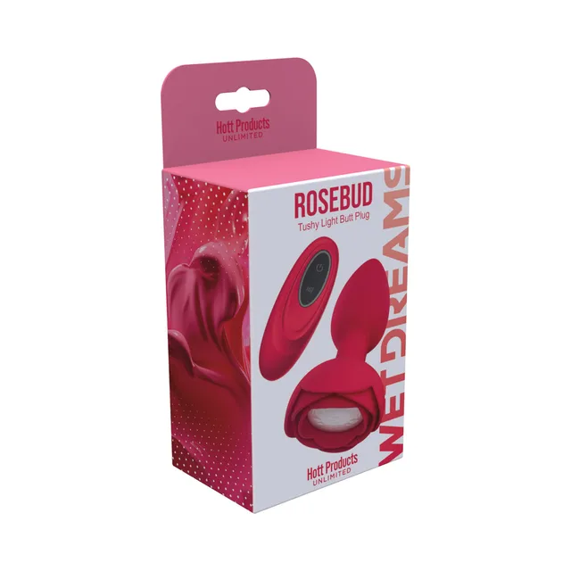 Rose Bud Tushy Light silicone plug and gray remote in pink retail box