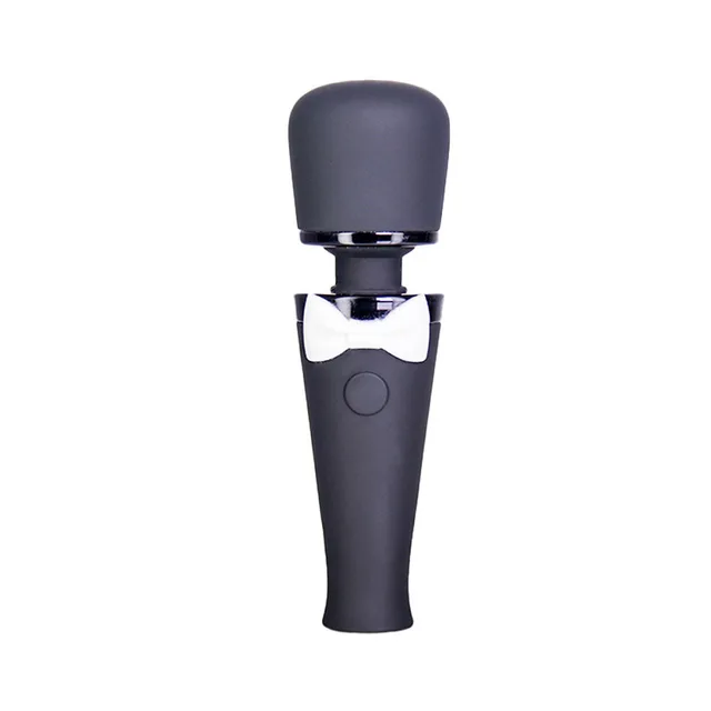 BMS Black Tie Affair rechargeable mini wand upright front view with black head and white bow-tie accent