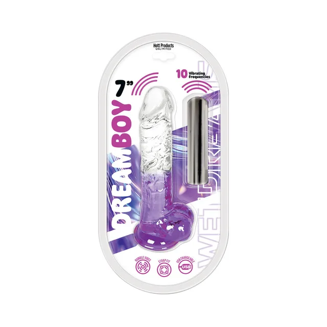 Clear lavender 7-inch Dream Boy dildo with white bullet in package