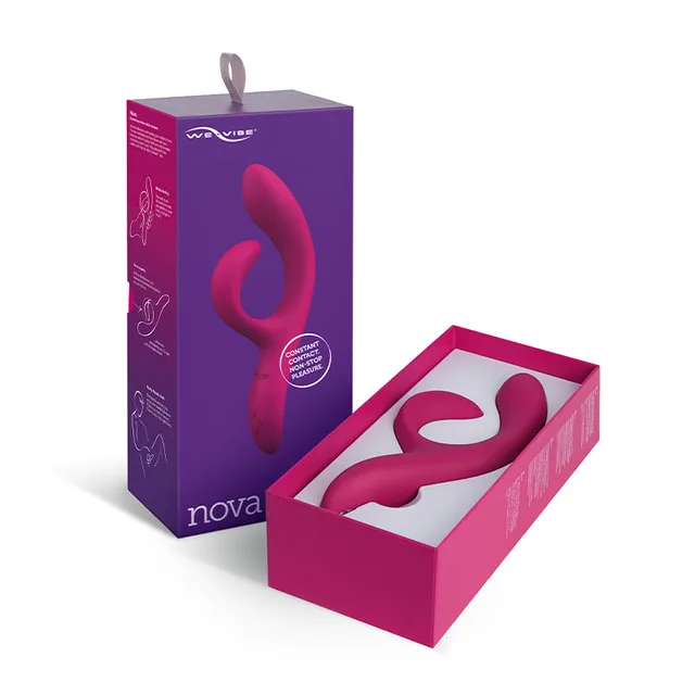 Hot pink We-Vibe Nova 2 rabbit vibrator in open fitted retail box