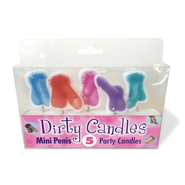 Five assorted-color Dirty mini penis candles in clear package