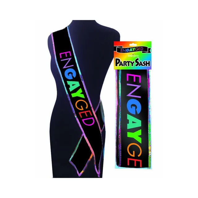 Engayged black party sash with rainbow edging and lettering