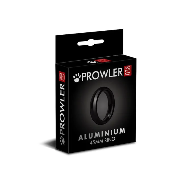 Prowler RED black 45 mm aluminum cock ring black hanging carton with black ring centered in front window