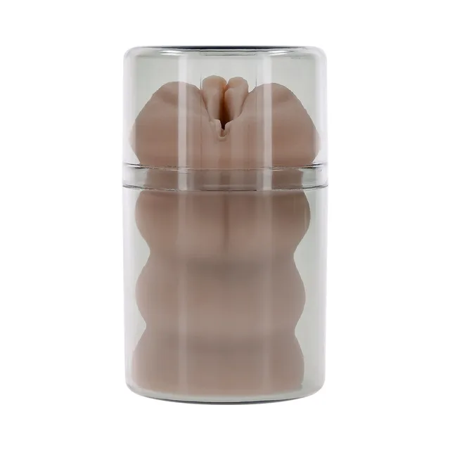 Beige ribbed Riley Reid mini stroker inside clear storage case