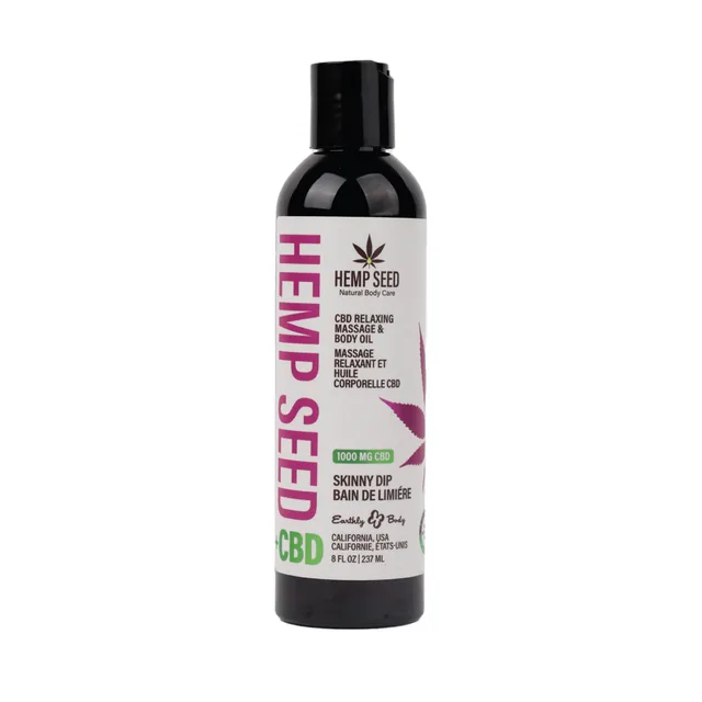 Front of 8 oz Earthly Body Hemp Seed CBD Skinny Dip oil bottle
