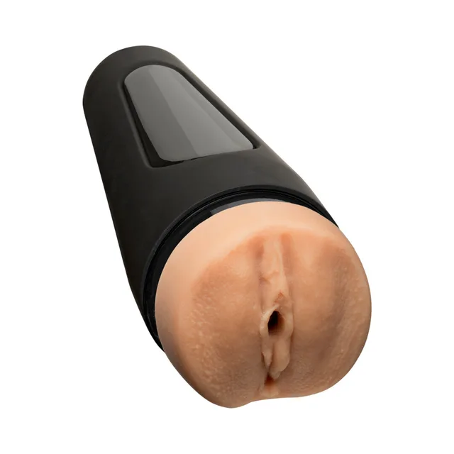 Doc Johnson Iryna Main Squeeze vanilla stroker angled opening view in black tapered case