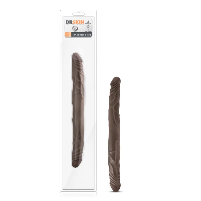 Blush Dr. Skin dark brown 14-inch double dildo beside narrow clear retail package