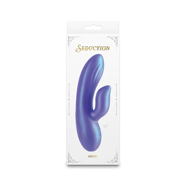 iridescent purple and blue Seduction Angel rabbit vibrator in white box