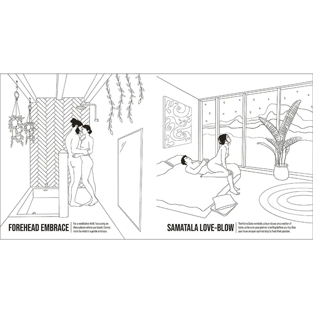 The Kama Sutra Coloring Book Forehead Embrace and Samatala Love-Blow line-art spread