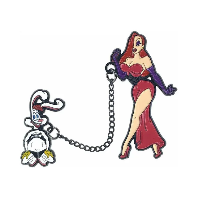 Funny Love character pin with rabbit-costumed figure chained to red-dressed woman
