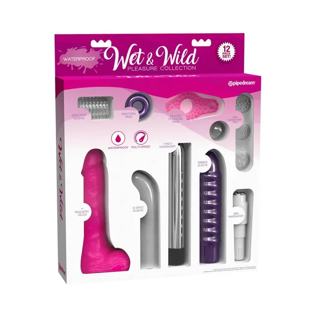 Pipedream Wet and Wild 13-piece colorful set in pink retail package